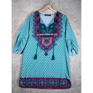 Urban CoCo Women's Turquoise Boho Dress L Tunic 3/4 Sleeve Festival Casual Beach